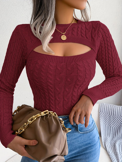 Damen-Langarmpullover mit Lochmuster | Hochelastisches Material, Rundhalsausschnitt, sexy, figurbetont, Herbst/Winter