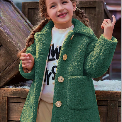 Mädchen-Lammfelljacke | JOMAKE Koreanischer Stil, Reverskragen, zweifarbig, warmer Windbreaker mit Taschen, Futter, Knopfverschluss, lange Ärmel für den Winter