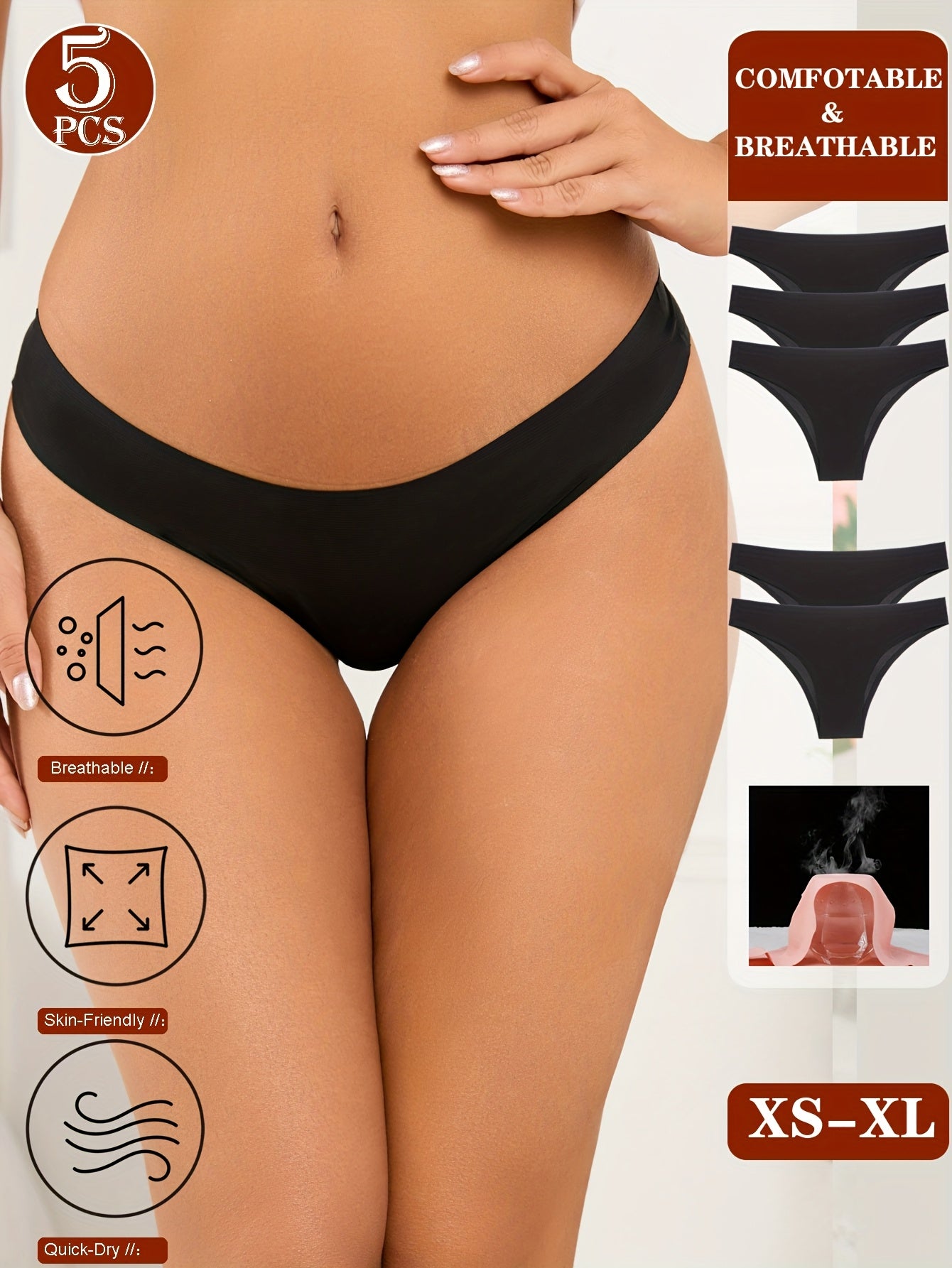 5er-Pack nahtlose Bikini-Unterwäsche für Damen – atmungsaktiv, schnelltrocknend, bequeme Passform, hüfttief geschnitten, einfarbig, 5 Modelle für Alltag und besondere Anlässe, Bikinihosen, Alltagsunterwäsche, minimalistisches Design, glatte Textur