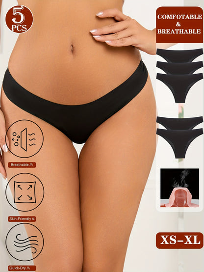 5er-Pack nahtlose Bikini-Unterwäsche für Damen – atmungsaktiv, schnelltrocknend, bequeme Passform, hüfttief geschnitten, einfarbig, 5 Modelle für Alltag und besondere Anlässe, Bikinihosen, Alltagsunterwäsche, minimalistisches Design, glatte Textur
