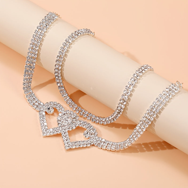 2pcs Trendy Style Double Heart Rhinestone Decor Anklets, Shiny Multi Layer Double Heart Crossed Anklets, Foot Chain Jewelry Accessories