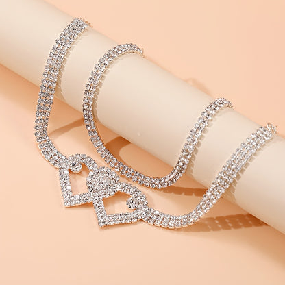 2pcs Trendy Style Double Heart Rhinestone Decor Anklets, Shiny Multi Layer Double Heart Crossed Anklets, Foot Chain Jewelry Accessories
