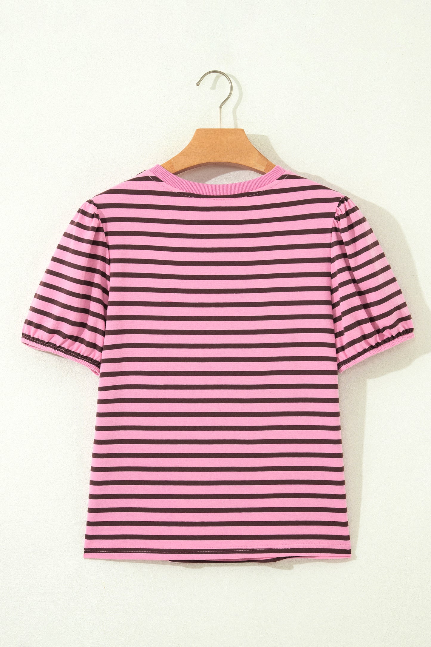 Rose Stripe Striped V-Neck Ribbed Collar Cuff Gathering Puff Sleeve Top