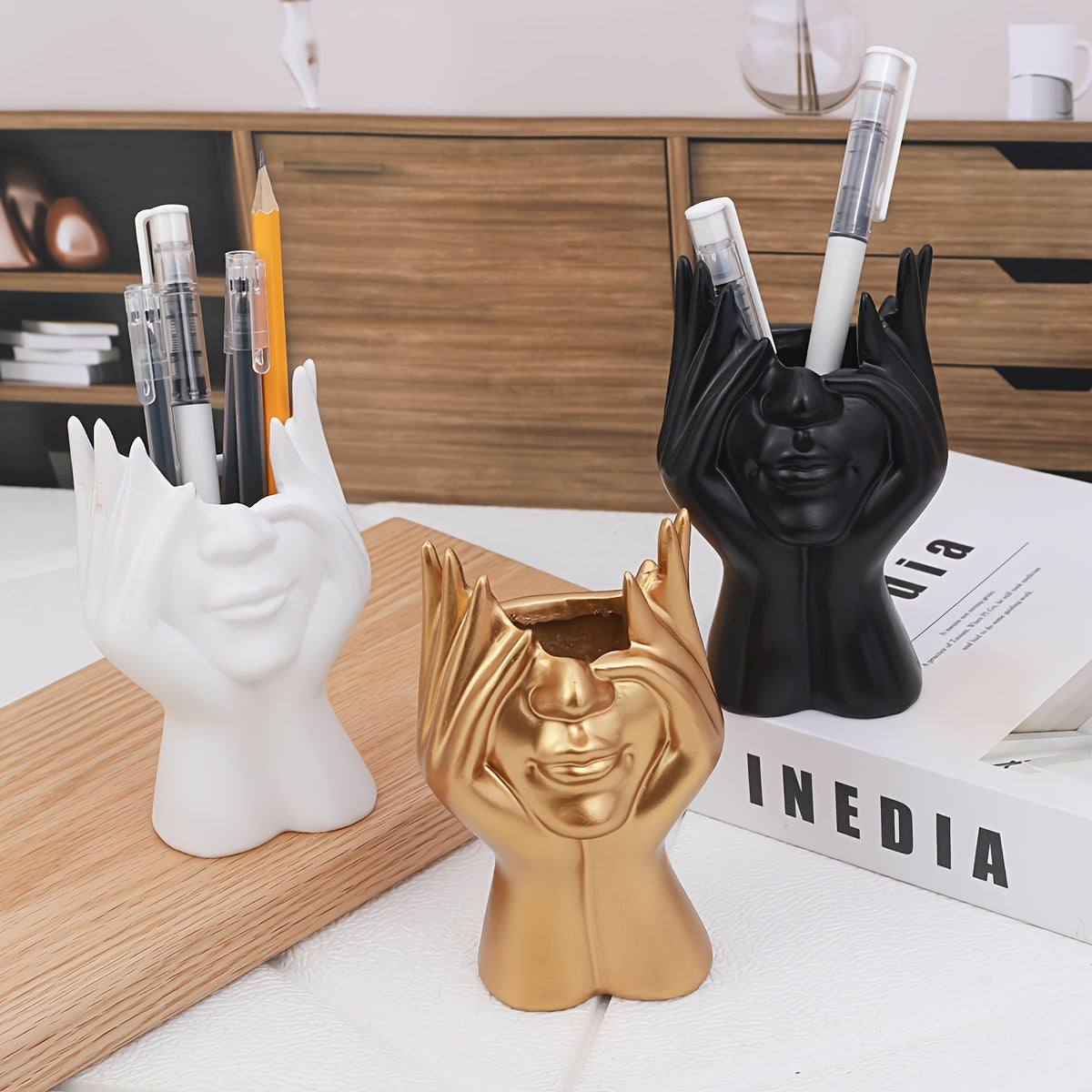 1pc Resin Art Pen Holder in Face-Holding Design - Elegant Home Decor Accent, Available in White, Golden, and Black - Perfect for Organizing Writing Instruments, Pens for Writing