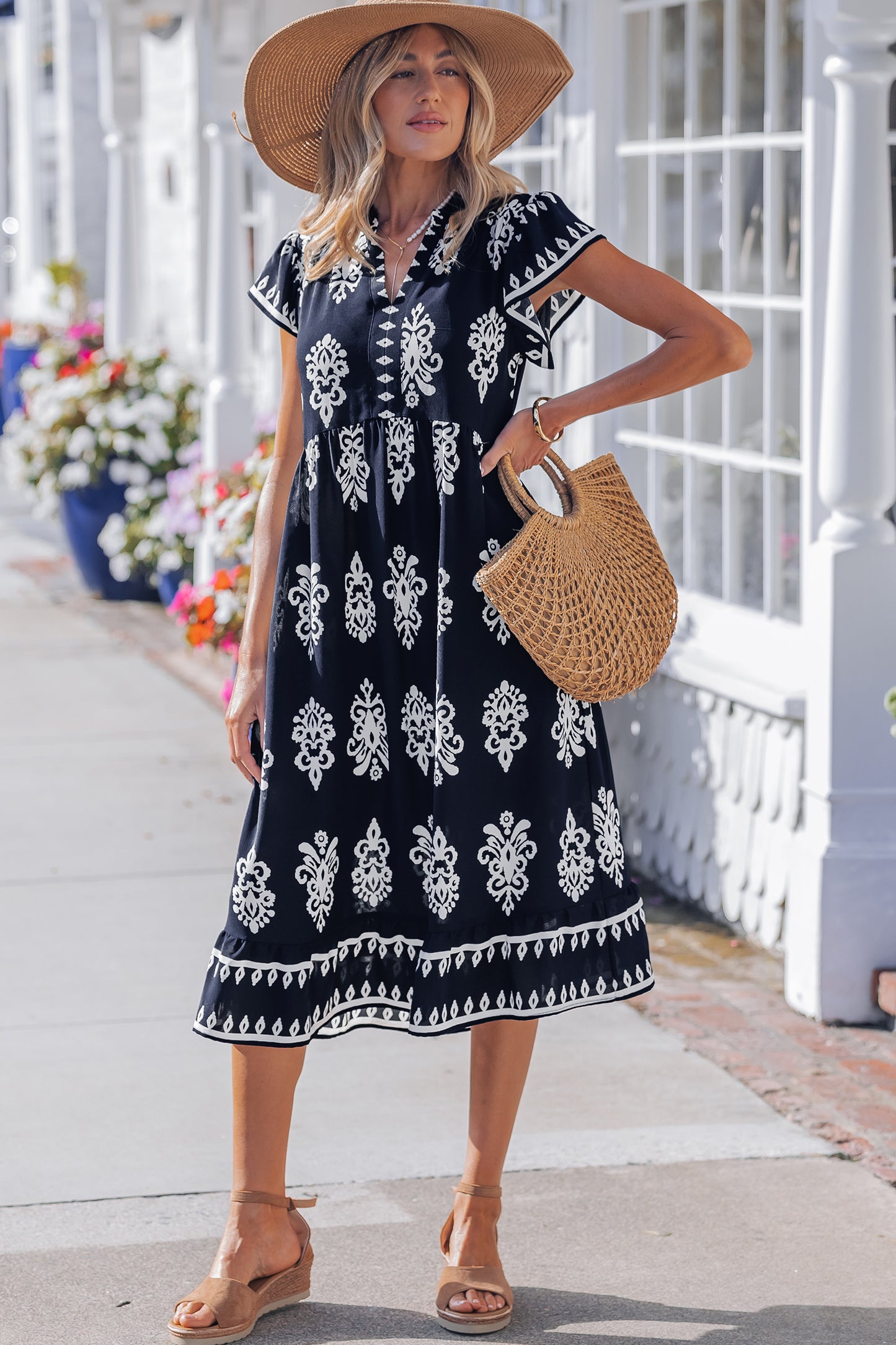 Blue Western Ethnic Print Notched Neck Short Sleeve Midi Dress