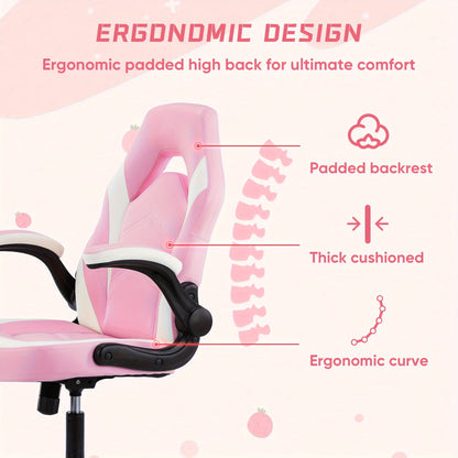 OLIXIS Computer Gaming Chair, Office Desk PU Leather Chair with Padded High Back Flip-up Armrests, Swivel Task Chair Adjustable Height, pink