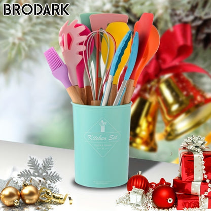 12pcs/set, Brodark, Silicone Cooking Utensils Set With Wooden Handle, Colorful Non-stick Pot Special Cooking Tools Set, Heat Resistant Turner, Tongs, Spatula, Spoon, Oil Brush And Whisk, Kitchen Supplies, Suitable For Restaur