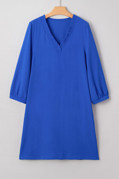 Sky Blue Frilled V Neck Bracelet Sleeve Shift Mini Dress