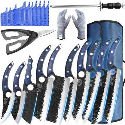 Professional Forged Knife Set With Roll Bag Scissors Honing Steel Whetstone, 10 Pcs Kitchen Knives Large Butcher Knife Set, Personalized Gifts For Women Men Birthday Christmas Mothers Fathers Unique Presents For Mom Dad Frien