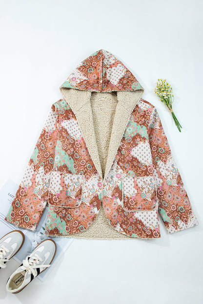 Khaki Vintage Floral Printed Sherpa Lined Hooded Jacket
