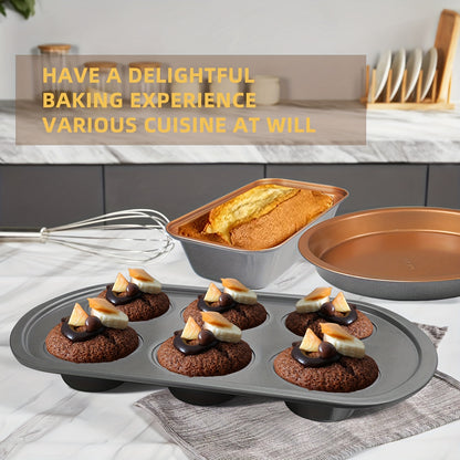 7pcs Nonstick Bakeware Set, Baking Pan Organization Set With Round & Square Cake Pans, Loaf Pan, Muffin Pan, Roasting Pan, And Ultrathick Muffin Baking Pan. Dishwasher Safe, Easy Clean