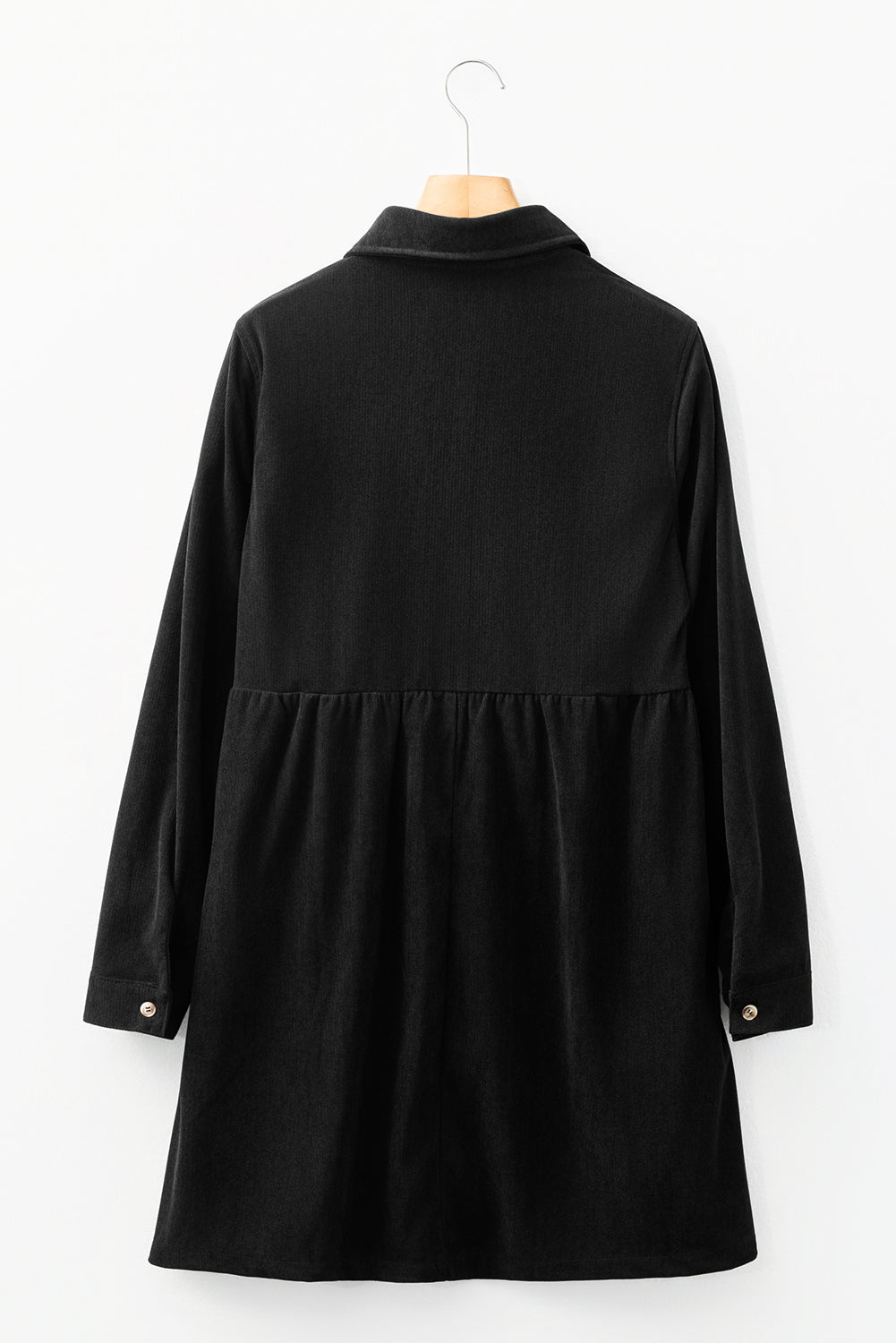 Black Corduroy Half Button Collared Long Sleeve Mini Dress