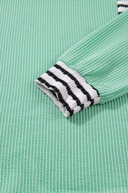 Sea Green Twisted Ribbed Contrast Round Neck Striped Patchwork Long Sleeve Top