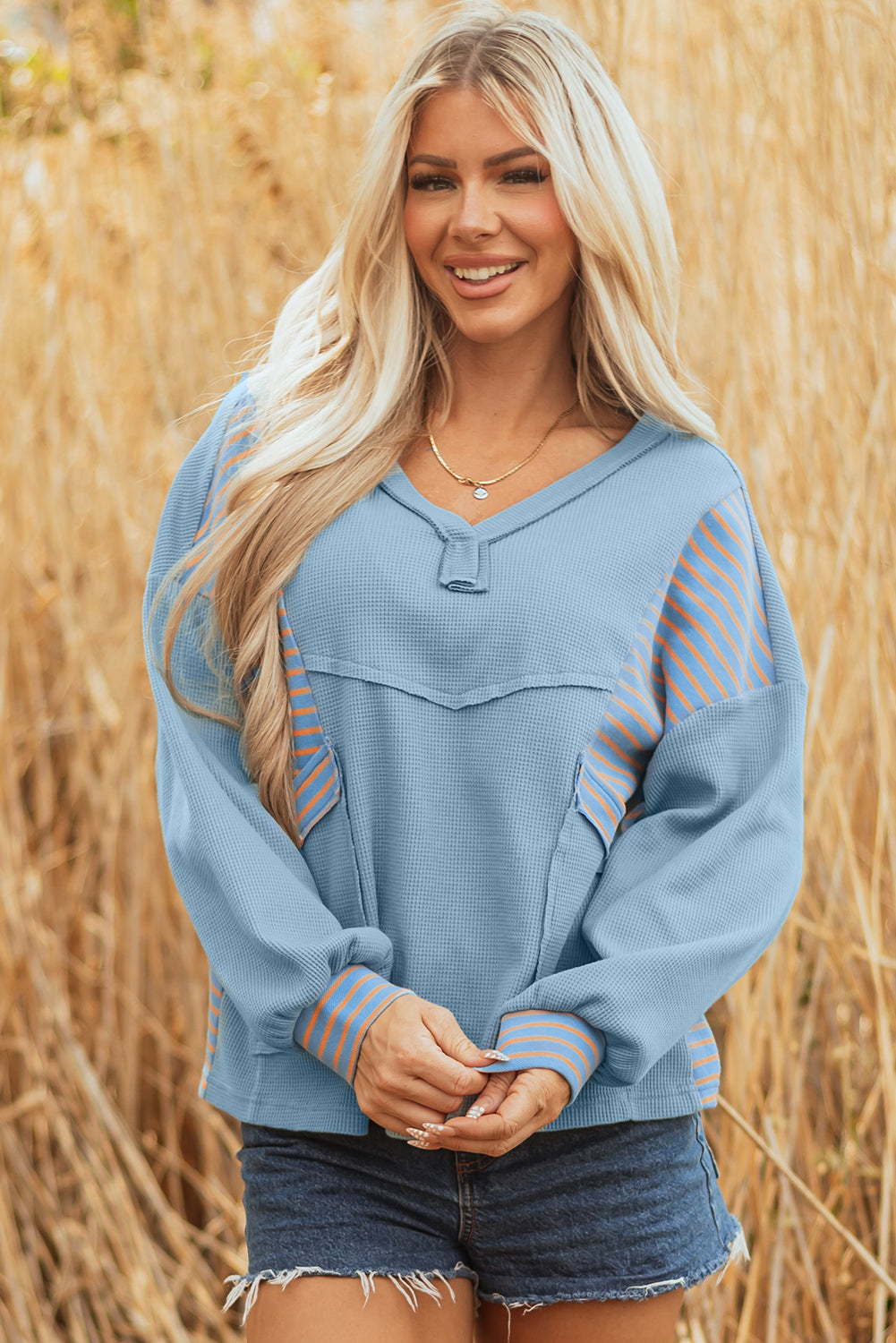 Dusk Blue Exposed Seam Waffle Striped Patchwork Baggy Pullover