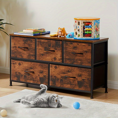 5 Drawers Pet Storage Furniture, Fabric Drawer Storage Cabinet for Pet Toys, Cloths, Foods, Storage Chest Organizer Units, Chest of Drawers with Fabric Bins, Metal Frame, Lightweight, Wear-Resistant for Dog Cat Pet Use
