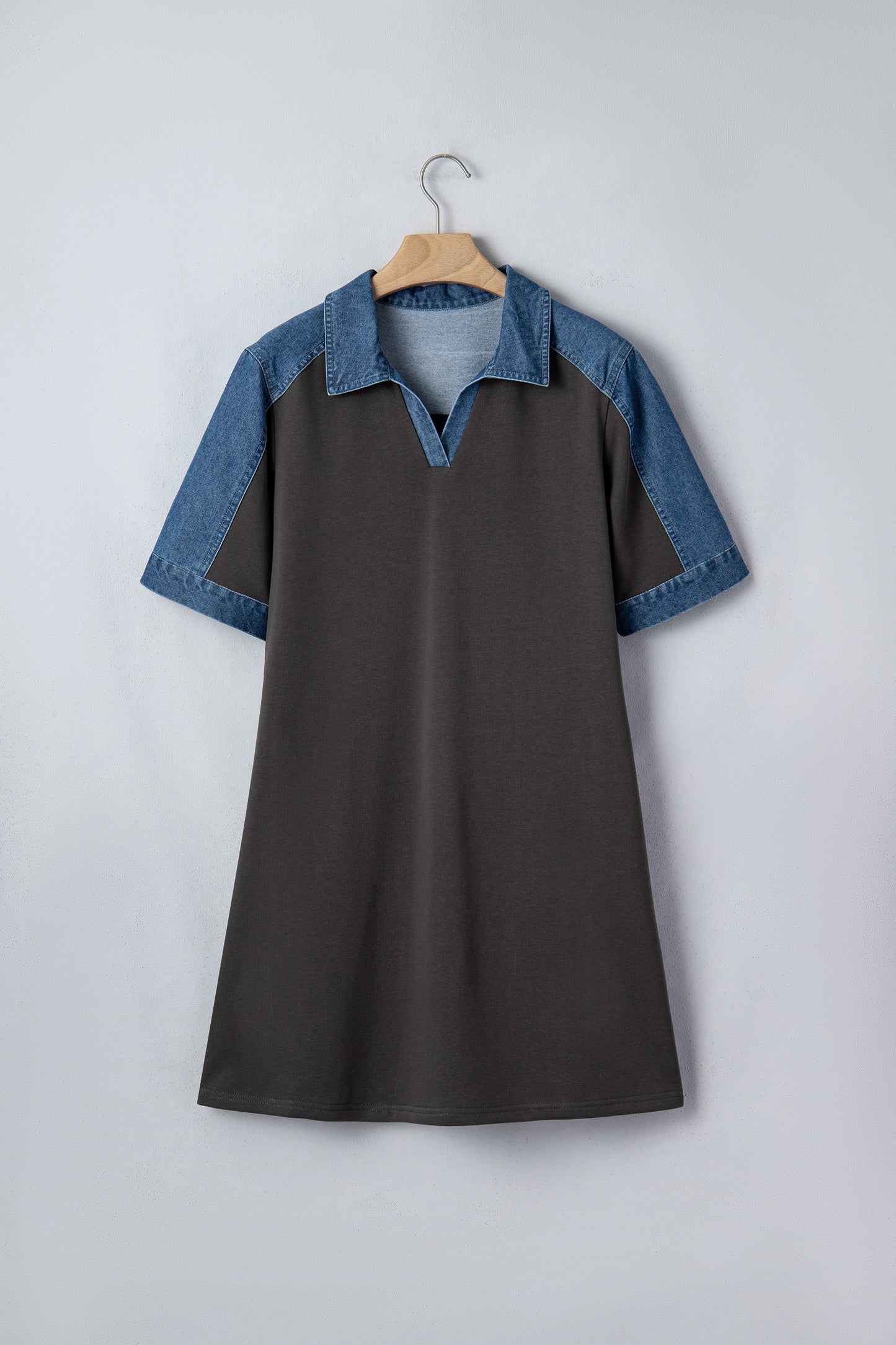 Carbon Grey Color Block Denim Patchwork Polo Collar T Shirt Shift Dress