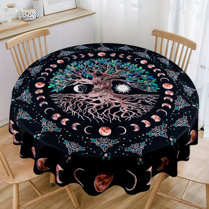 1pc Round Tablecloth 63 Inch, Boho Table Cloth With Sun MoonStar Tree Pattern, Stain Resistant, Absorbent And Wrinkle Free, Circle Table Cover For Home Kitchen Dining Party Patio Indoor AndOutdoor Use, Room Decor, Scene Decor