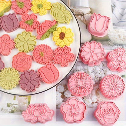 8pcs Flower Biscuits Mould Food Grade 3D Cartoon Pressable Biscuit Mold DIY Cookie Stamp Kitchen Baking Accessories Pastry Bakeware