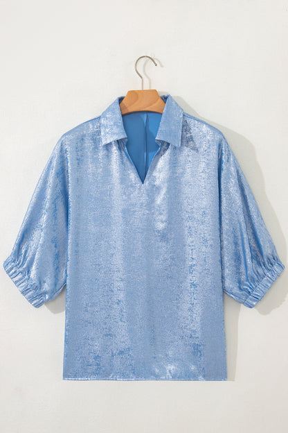 Clearly Aqua Collared V Neck Half Sleeve Metallic Top