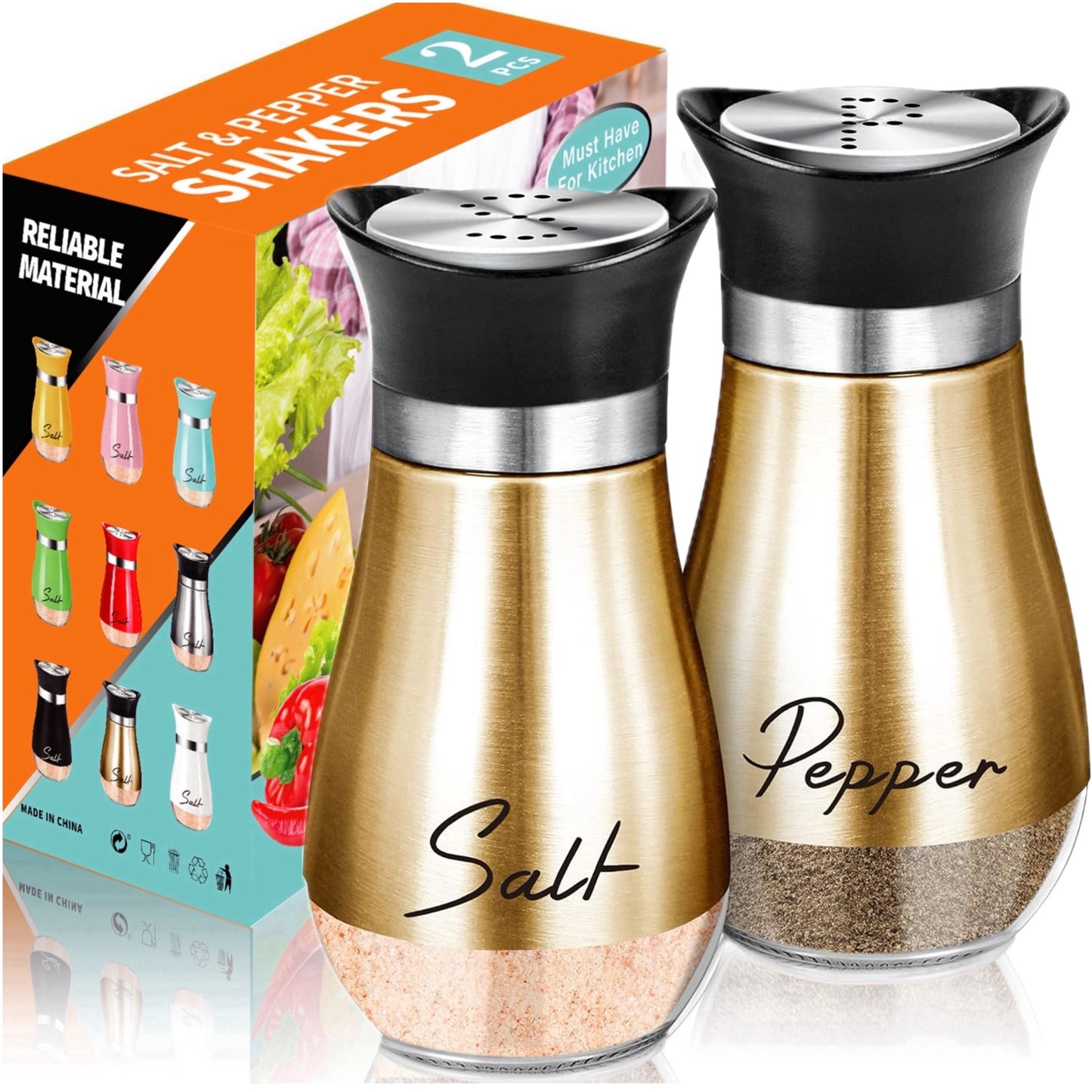 Salt and Pepper Shaker Set, 4oz Glass Bottom Salt and Pepper Shaker, Suitable for Kitchen, Dining Table, RV, Camping, BBQ, Refillable Design (Pink)