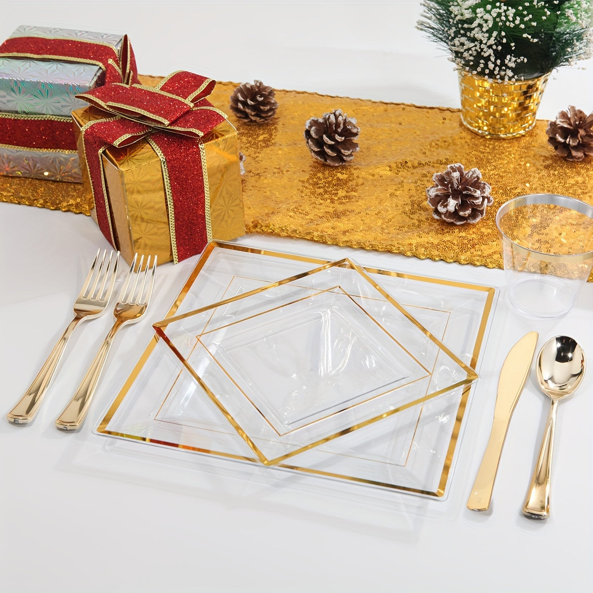 350pcs, Tableware Set, Golden Party Supplies, Plastic Dinnerware Set, Including Napkins, Cups. Plates, Spoon, Forks, Knives, Serve 50 Guests For Birthday And Party
