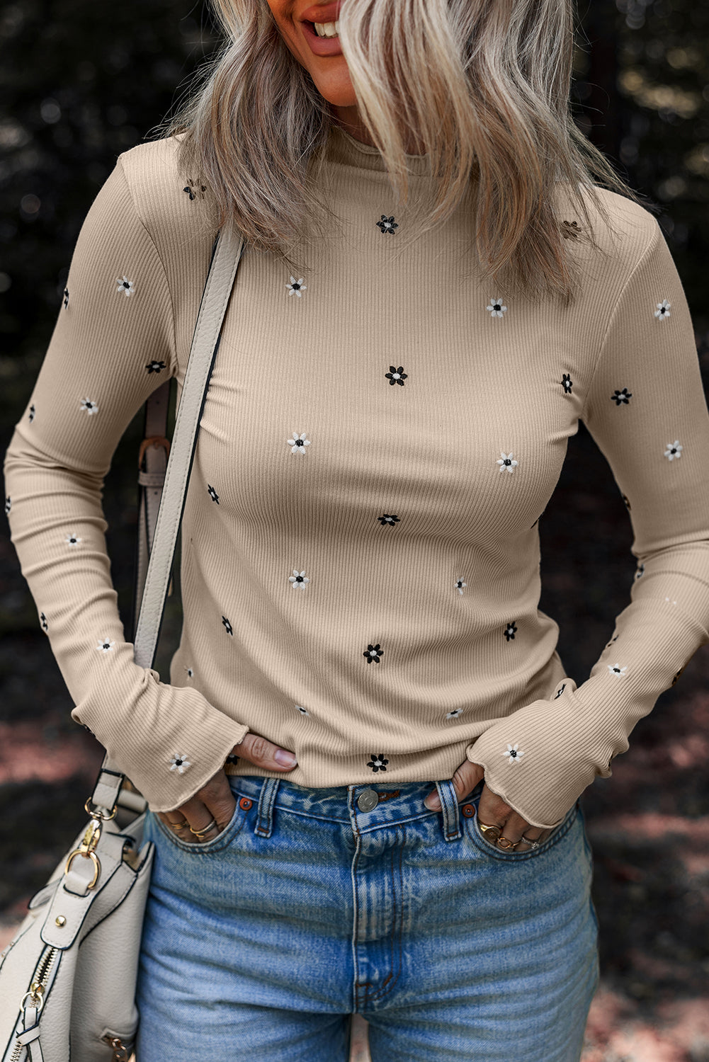 Jet Stream Floral Embroidered Detail Ribbed Long Sleeve Top