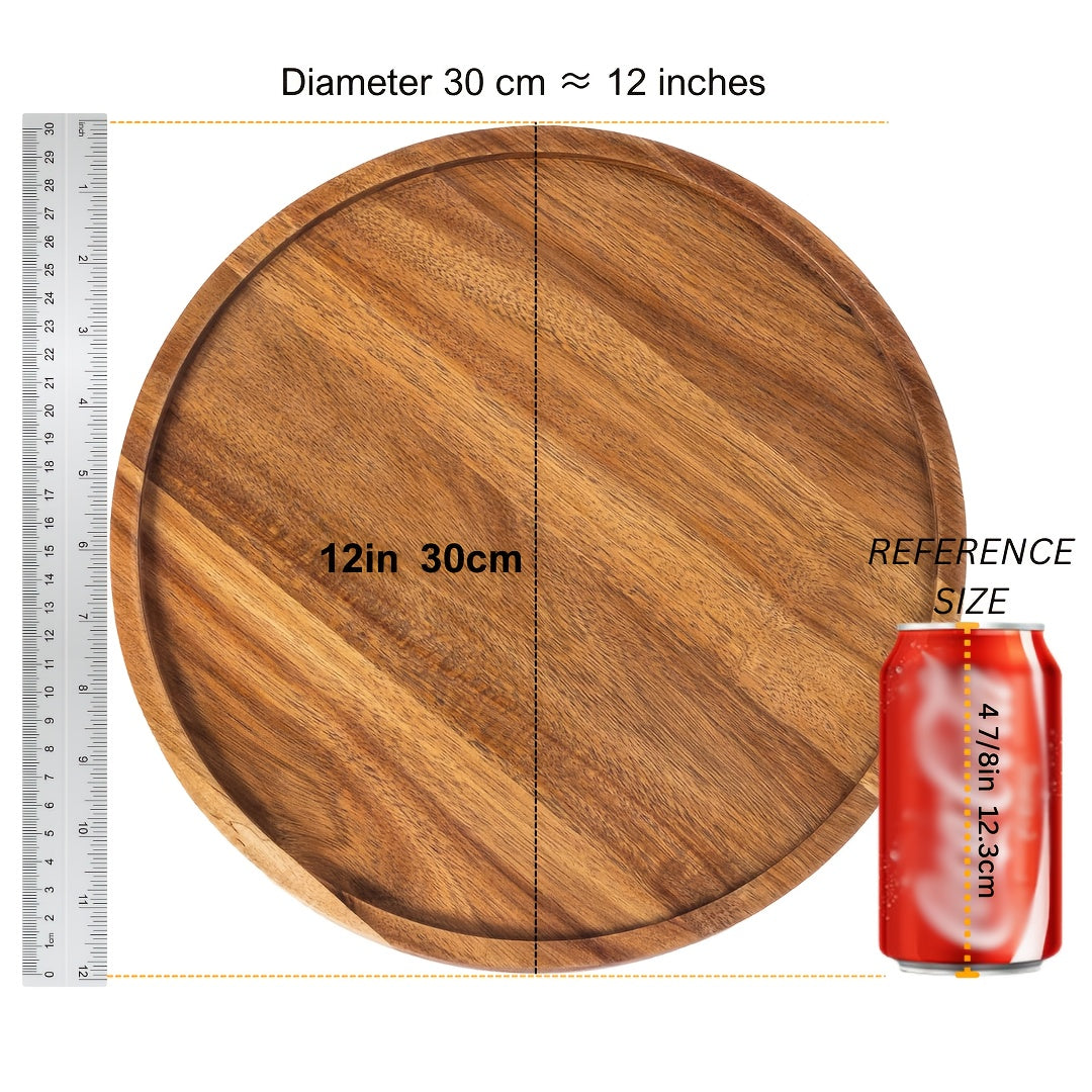 1pc Acacia Wood Plate, Round Wooden Serving Tray For Snacks, Fruits, Desserts, Rustic Dinnerware, Kitchen And Dining Accessories, Table Decors