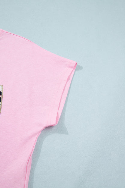 Pink Leopard Bow Embroidered Cotton Round Neck T Shirt