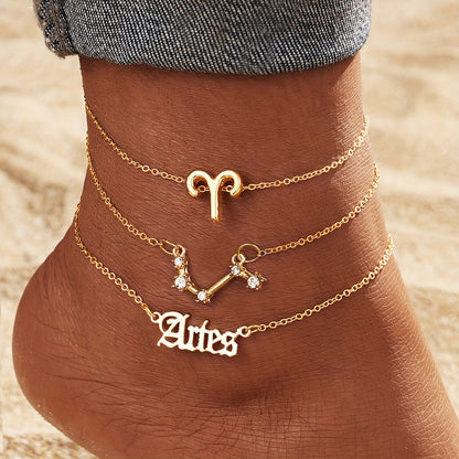 3 Pieces/ Set Golden Zodiac Anklets Set, Bohemian Elegant Ladies Multi-Piece Chain, Fashion Astrological Sign Charms For Women