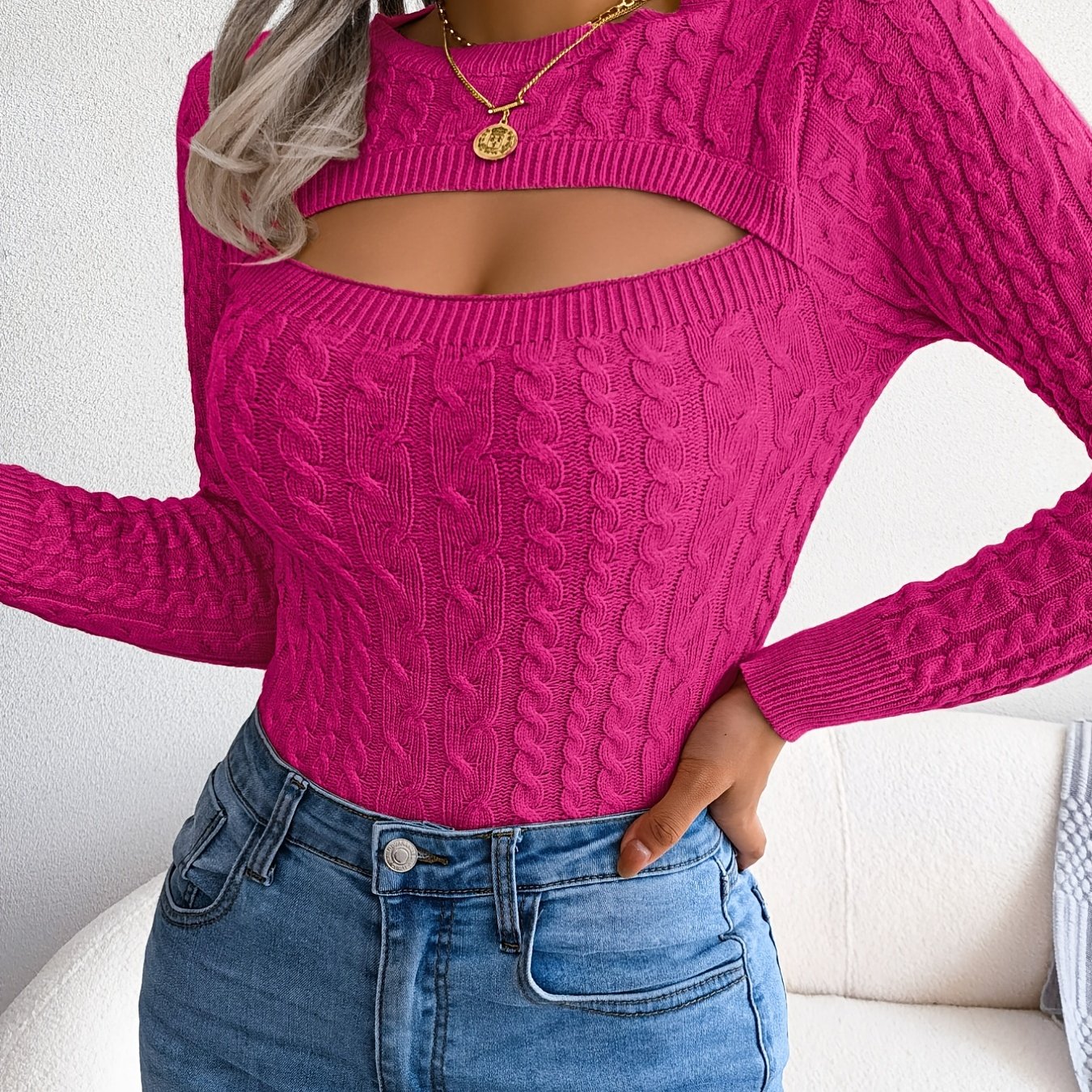 Damen-Langarmpullover mit Lochmuster | Hochelastisches Material, Rundhalsausschnitt, sexy, figurbetont, Herbst/Winter