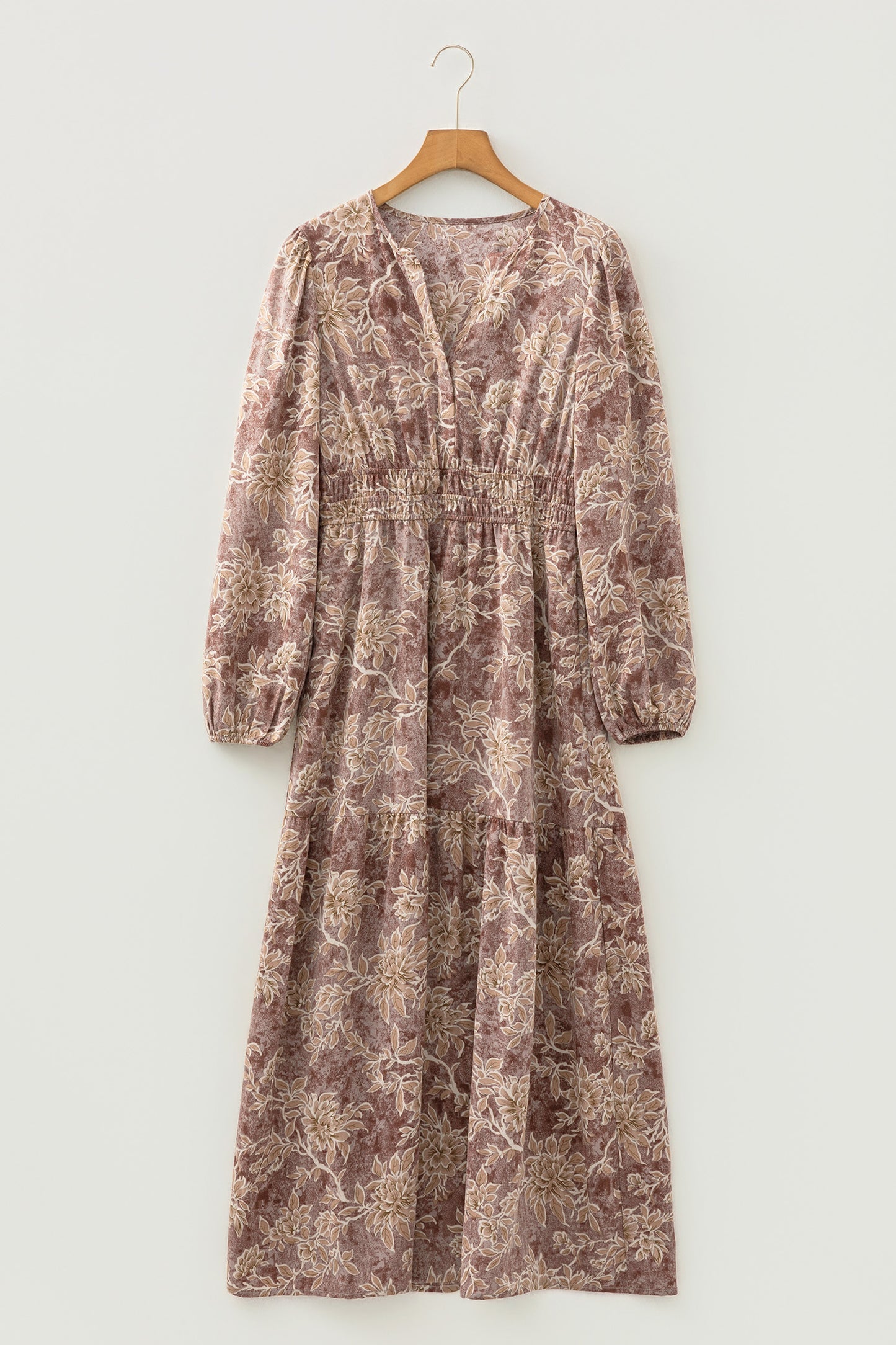 Brown Floral Print Smocked High Waist Long Sleeve Maxi Dress