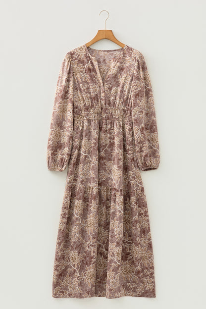 Brown Floral Print Smocked High Waist Long Sleeve Maxi Dress