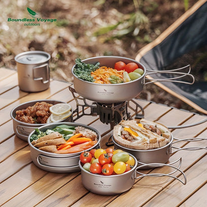 5pcs/set, Titanium Bowl And Pot Set, Foldable Camping Frying Pan, Portable Cookware Set For Outdoor Camping Picnic Cooking
