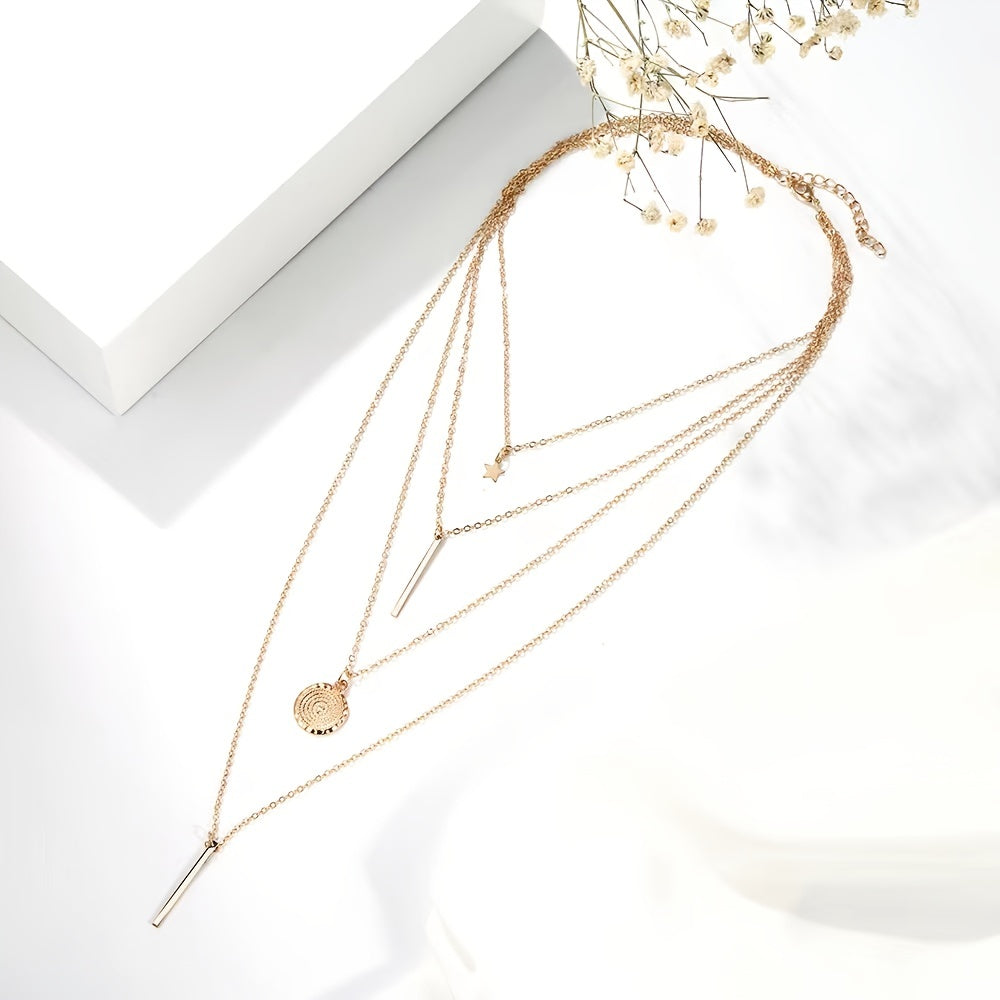 1 Modische, mehrlagige Halskette mit rundem Sternanhänger für Damen – Elegantes Accessoire, trendig