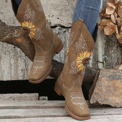 Bestickte Westernstiefel für Damen, mittelhoch, aus Kunstleder, Damenschuhe
