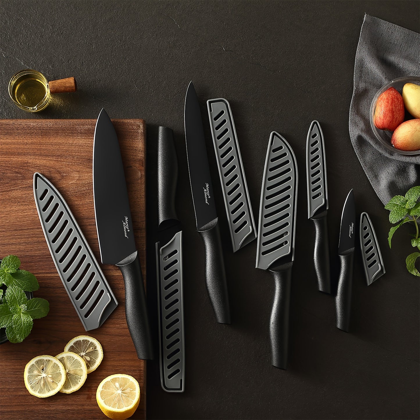 6pcs/set, TEA38 Non-Stick Coated High Carbon Stainless Steel Black Kitchen Knives Set With Sheath, Dishwasher Safe