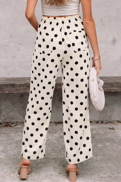 Sky Blue Polka Dot Print Patched Pocket Mid-rise Straight Leg Pants