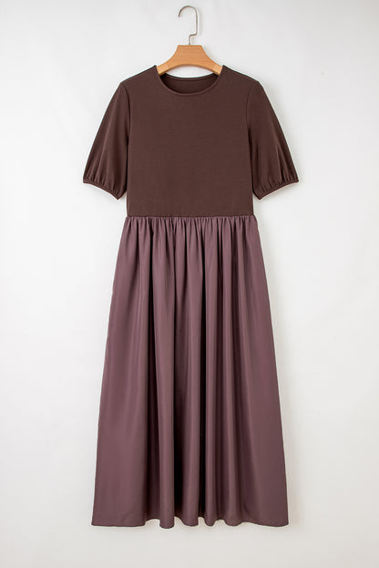 Coffee Short Sleeve Knit Top Patchwork Pleated Long Dress