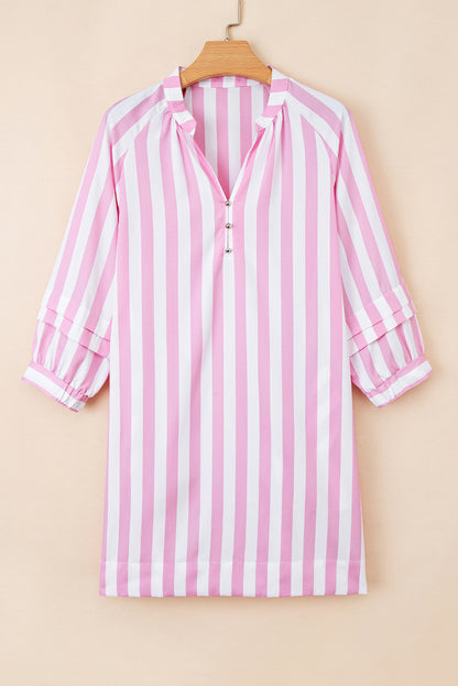 Rose Stripe Bracelet Sleeve Buttons Loose Mini Dress