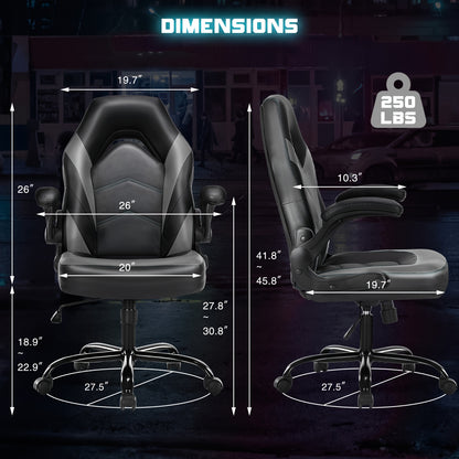 Gaming Chair, PU Leather Computer Gaming Chair, Ergonomic Home Office Desk Executive Chair, Height Adjustable Chair, Swivel Task PU Leather Racing Chair with Flip-up Armrest for Adults, Men, Girls, Gamer