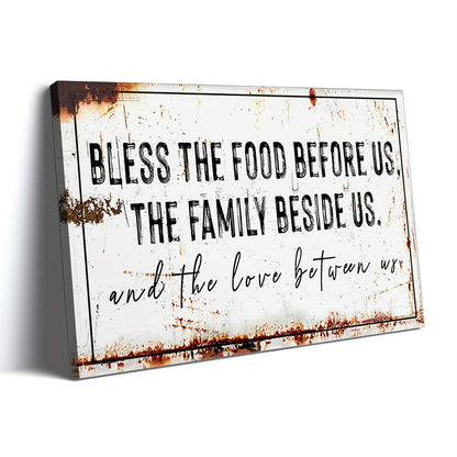 Bless The Food Before Us" Rustic Canvas Wall Art - Extra Large, Wooden Framed, Ready to Hang Decor for Kitchen & Dining Room, Farmhouse Style Christian Gift