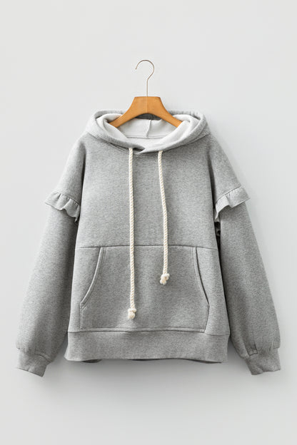 Gray Contrast Rope Drawstring Ruffle Trim Drop Shoulder Baggy Hoodie