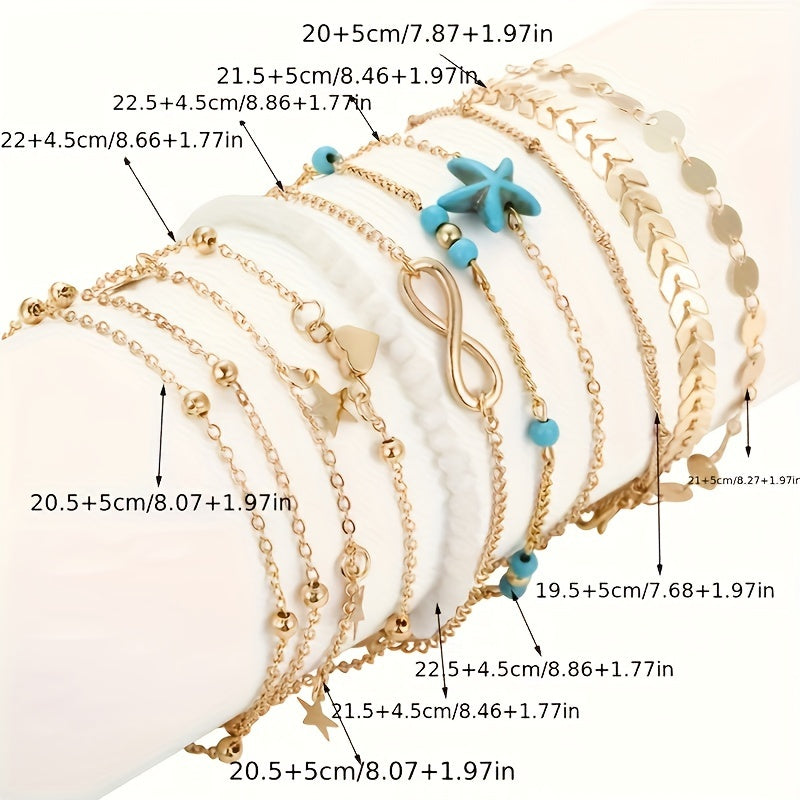 Set Of Multiple Bohemian Style Golden Starfish Pearl Anklets For Girls To Wear During Summer Vacation Outings