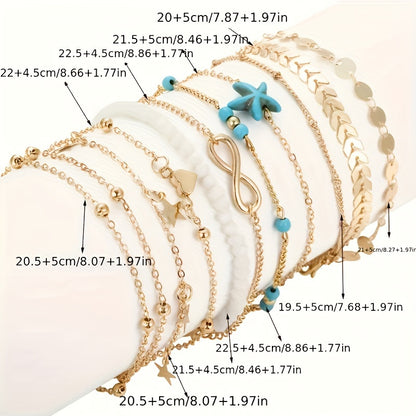 Set Of Multiple Bohemian Style Golden Starfish Pearl Anklets For Girls To Wear During Summer Vacation Outings