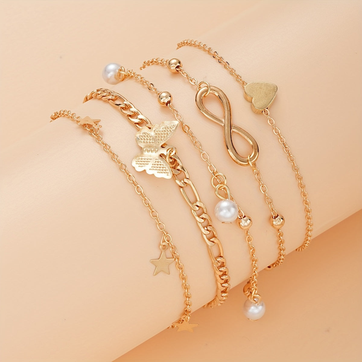 Bohemian Chic 4-Piece Anklets Set, Golden With Heart, Butterfly, Infinity & Star Charms, Faux Pearl Accents, Metal Anklets For Beach Party