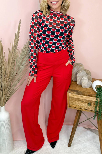 Rose Plaid Heart Mesh Sheer Long Sleeve High Neck Blouse