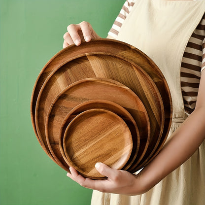 1pc Acacia Wood Plate, Round Wooden Serving Tray For Snacks, Fruits, Desserts, Rustic Dinnerware, Kitchen And Dining Accessories, Table Decors