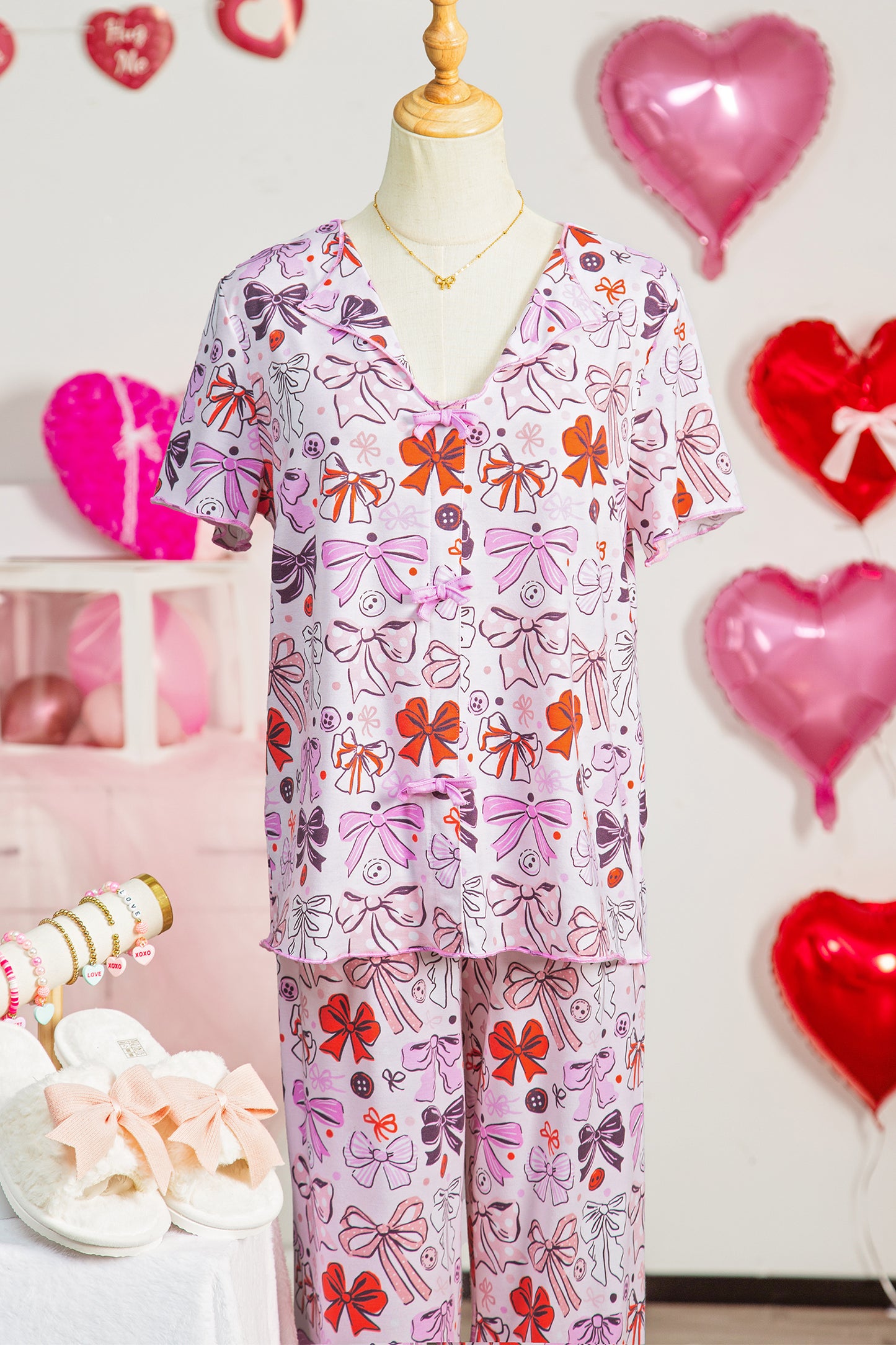 Pink Diverse Bows Buttons Printed Contrast Trim Short Sleeve Shirt Pajama Pant Set