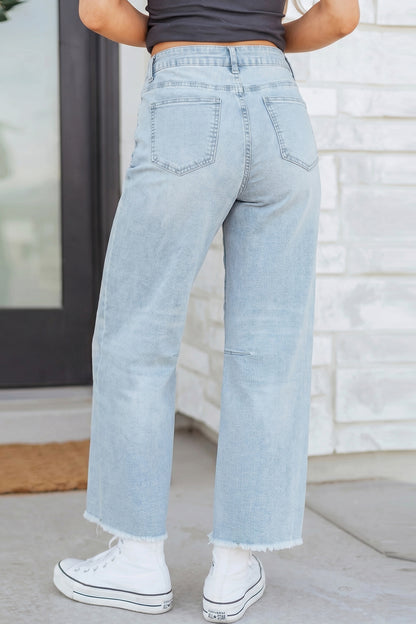 Sail Blue Frayed Cropped Barrel Jeans
