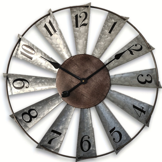 24 Inch Large Modern Farmhouse Clock, Vintage Analog Clock 3D Windmill Blades, Galvanized Metal Art Room Wall Decor Clocks Battery Operated, Quiet Mechanical, Home Decoration for Living Room, Kitchen, Dining Room, Bedroom, Po